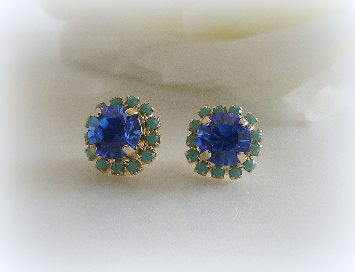 Turquoise & Montana Blue crystal Swarovski post earrings, Crystal stud earring, Bridesmaid gift
