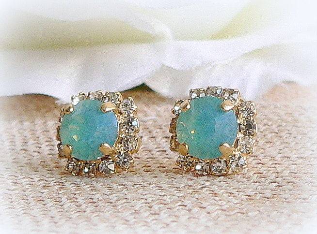 Mint Crystal Swarovski post earrings, Crystal stud earring, Bridesmaid gift,14K gold