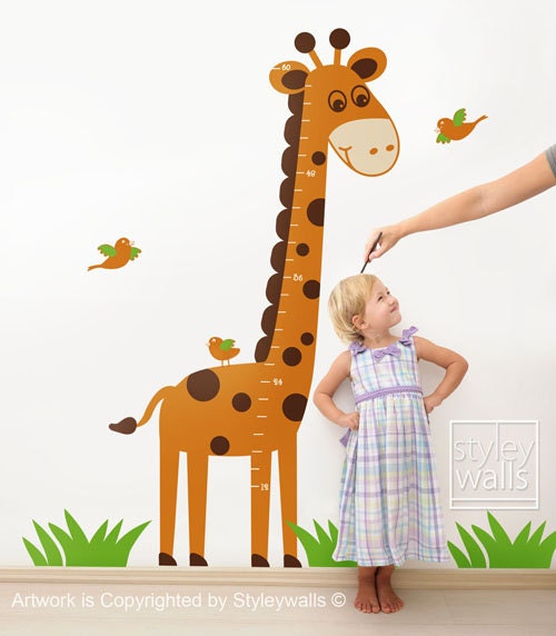 Giraffe Growth Chart Nursery Vinyl Wall Decal Growth Chart and Birds - Kids Nursery Vinyl Wall Decal Baby Decal Room Decor