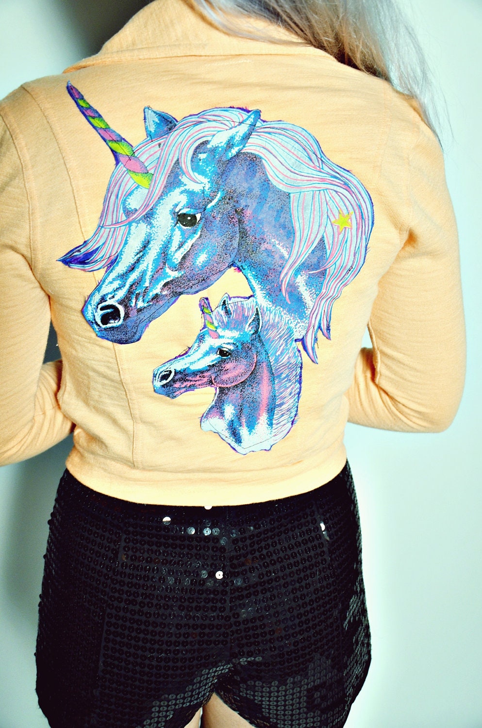 DIY UNICORN Patch Coral Motorcycle-style Cotton Cropped Jacket XS