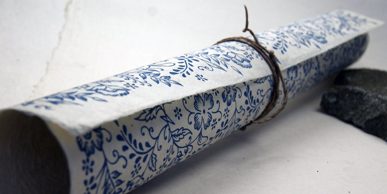 Handmade Wrapping Paper Gift Wrap 3 sheets Blue Garden flower print - flowerseedpaper