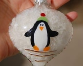 Penguin Christmas Ornament Hand Painted Glass