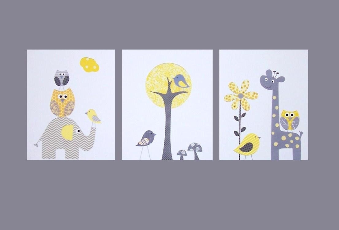 Nursery Art, Baby Room, Kids Wall Art, Gray and Yellow, Nursery Wall Art, Tree, Owl, Giraffe, Georgia's Room, Set of 3, 8x10 Prints