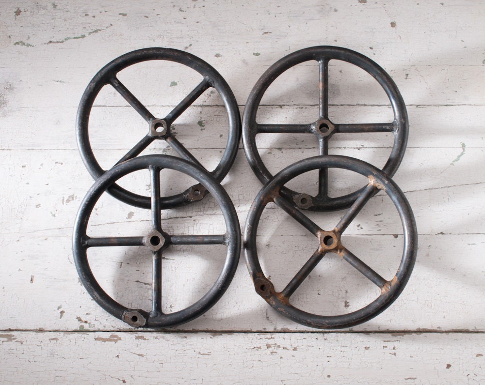 Vintage Black Metal Industrial Wheels - Steel Machine Tool Wheel Handles - fallaloft