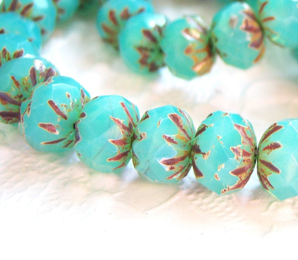 Czech turquoise opal cruller  9/6mm glass rondell bead lot of (12) - VF182