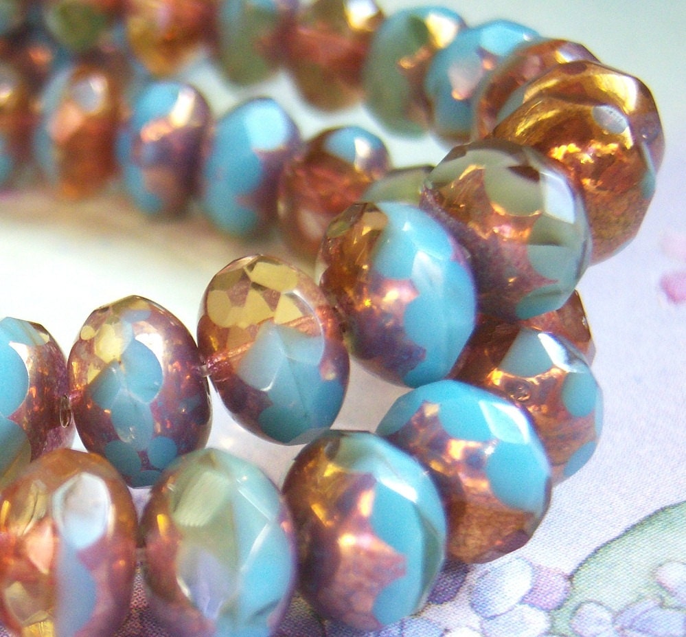 Sky blue and amber givre shiny picasso Czech glass 6x8mm rondell bead lot of (25) - VB300