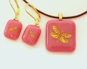 Gold Dragonfly Fused Glass Pendant Necklace and Earring Set Pink Glass