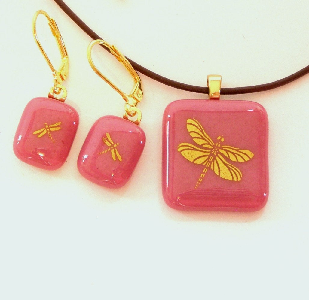 Gold Dragonfly Fused Glass Pendant Necklace and Earring Set Pink Glass