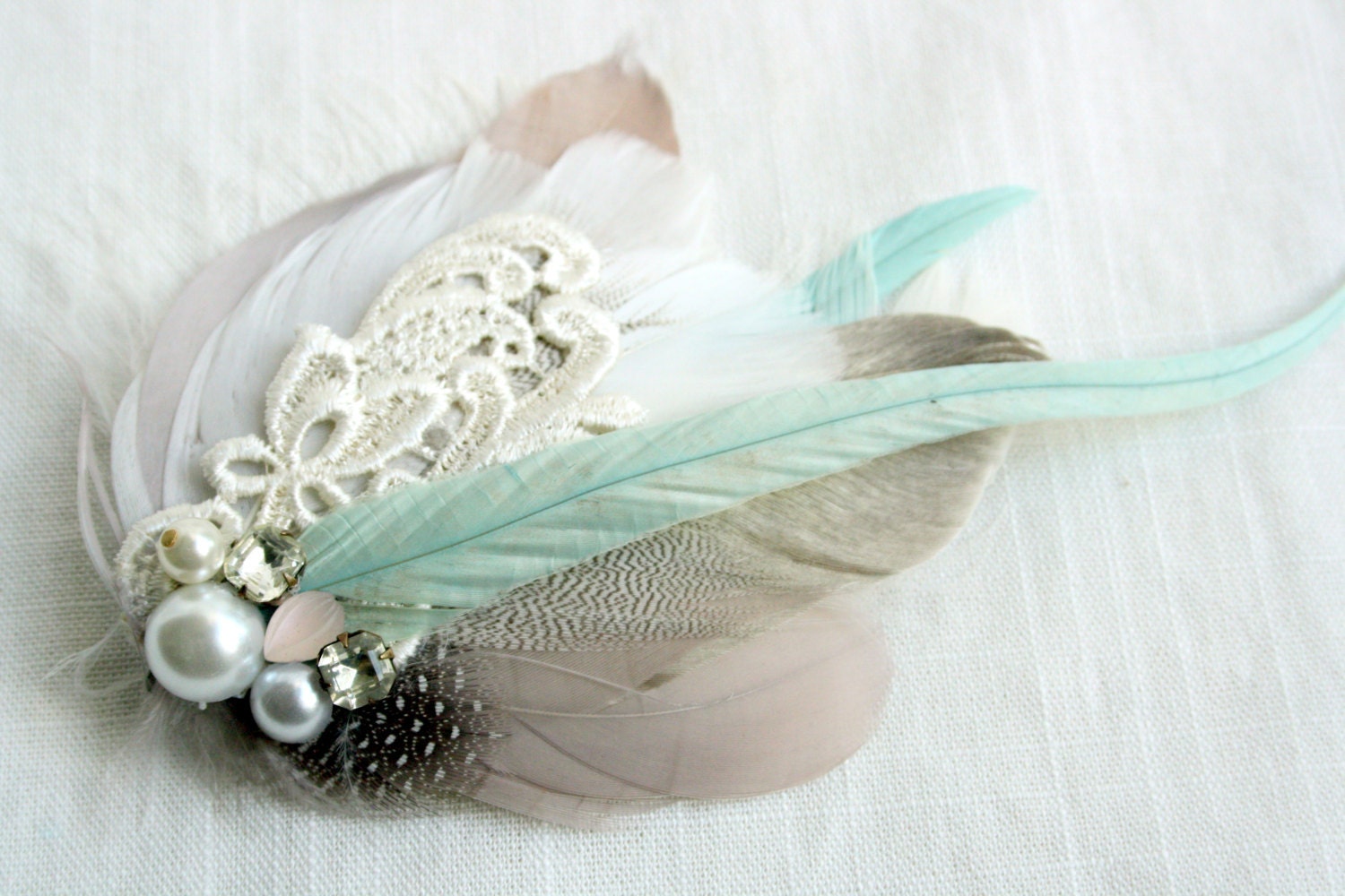 VERONICA Feather Bridal Fascinator in Mint, Mauve & Grey with Vintage Lace, Rhinestones and Pearls