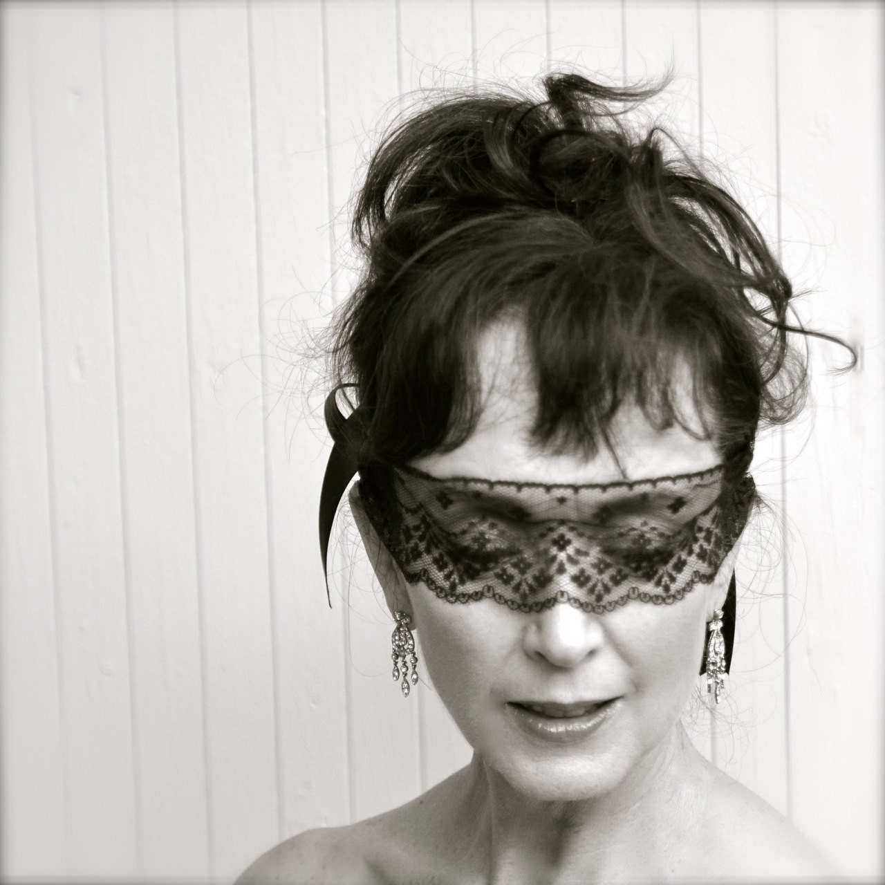 Black lace mask/blindfold--feminine and mysterious. Masquerade ball, blind fold, bachelorette party, Audrey, Marie.
