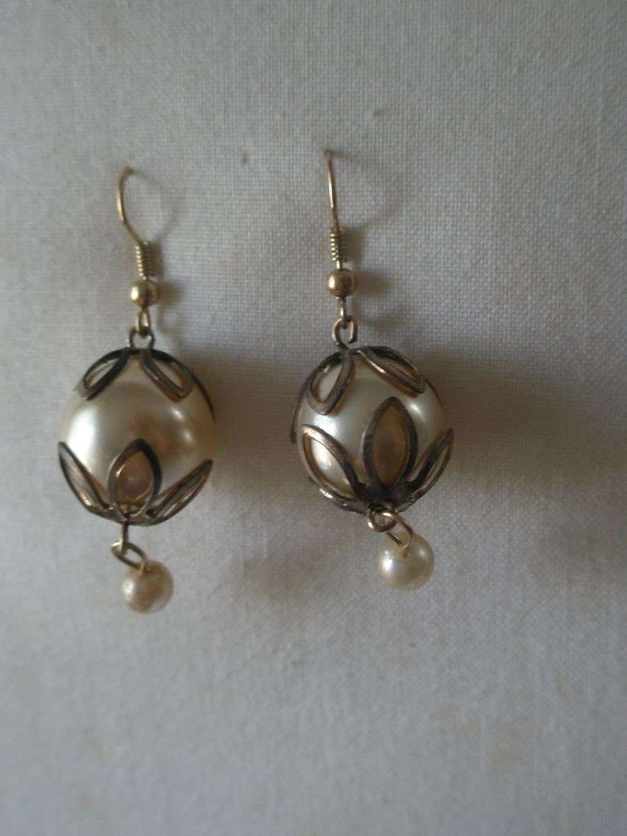 Vintage Caged Large Faux Pearl Dangle Earrings