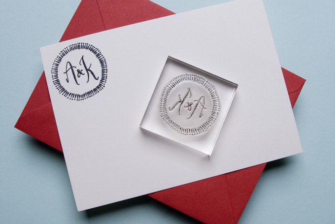Newlywed Set- Calligraphy Monogram Stamp with Carnelian Red notecard set and ink pad