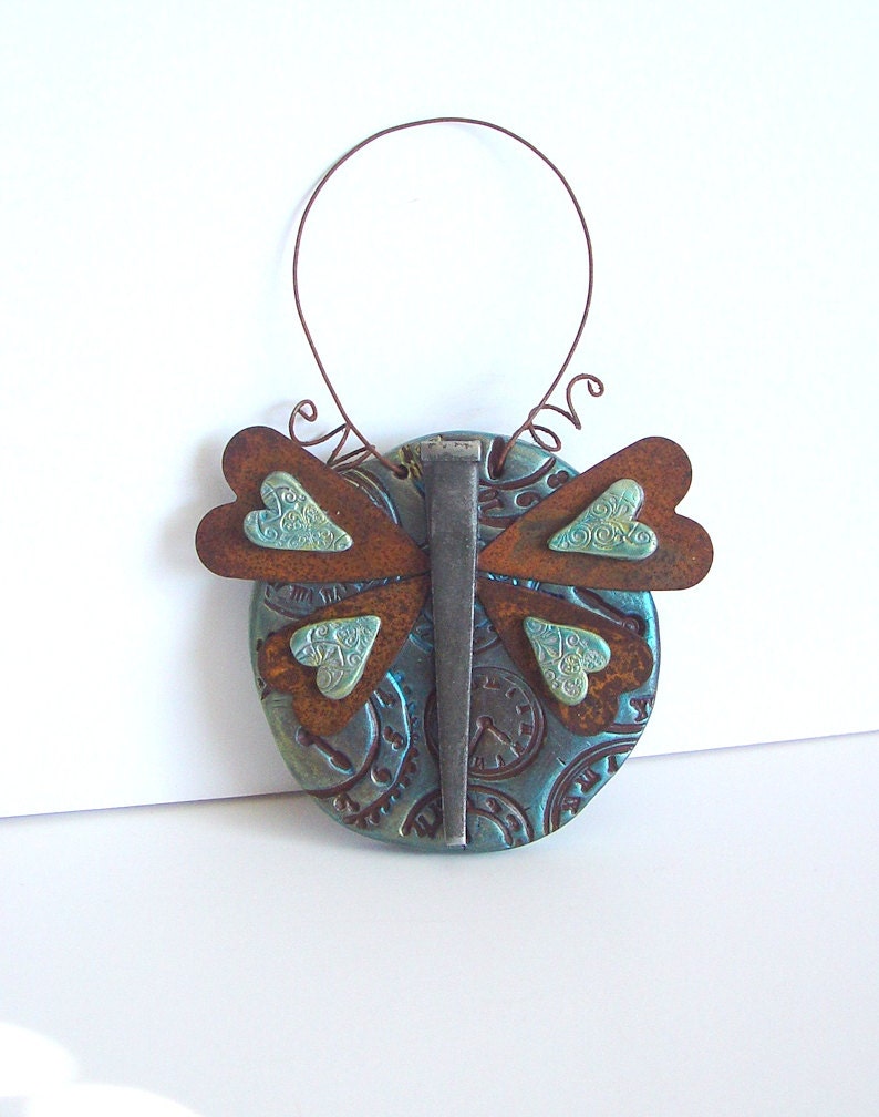 Rustic Whimsical Handmade Clay Butterfly Ornament, OOAK, Metallic Earthy Unique Butterfly Art