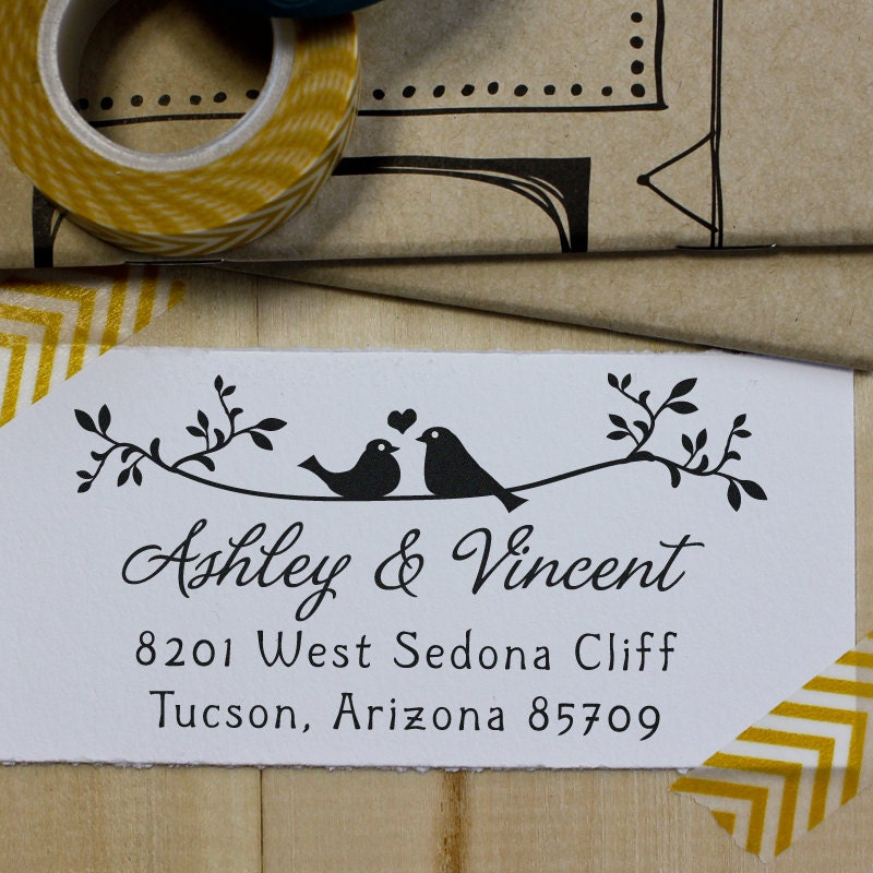 Custom Address Stamp - Wedding Stamp - Eco Mount - Twigs Two Birds In Love