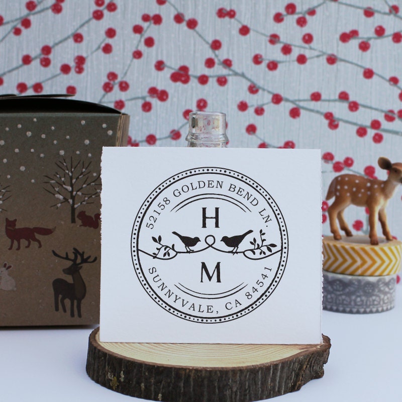 Custom Wood Handle Address Stamp - Great Wedding Gift -Two Birds Round