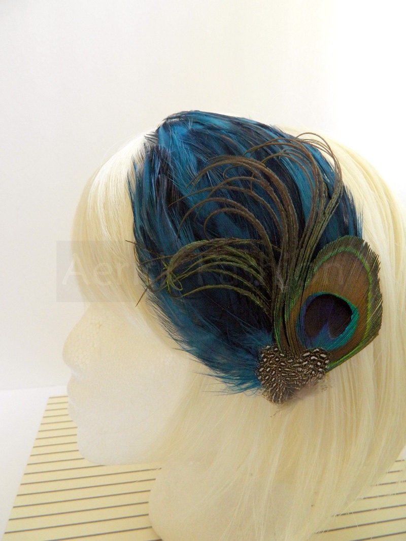 Peacock feather derby fascinator - Tara Design SAPPHIRE BLUE - CHOOSE headband, hair clip, or comb