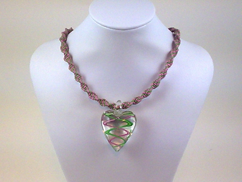 Light Green and Pink Hemp Choker with Glass Heart Pendant