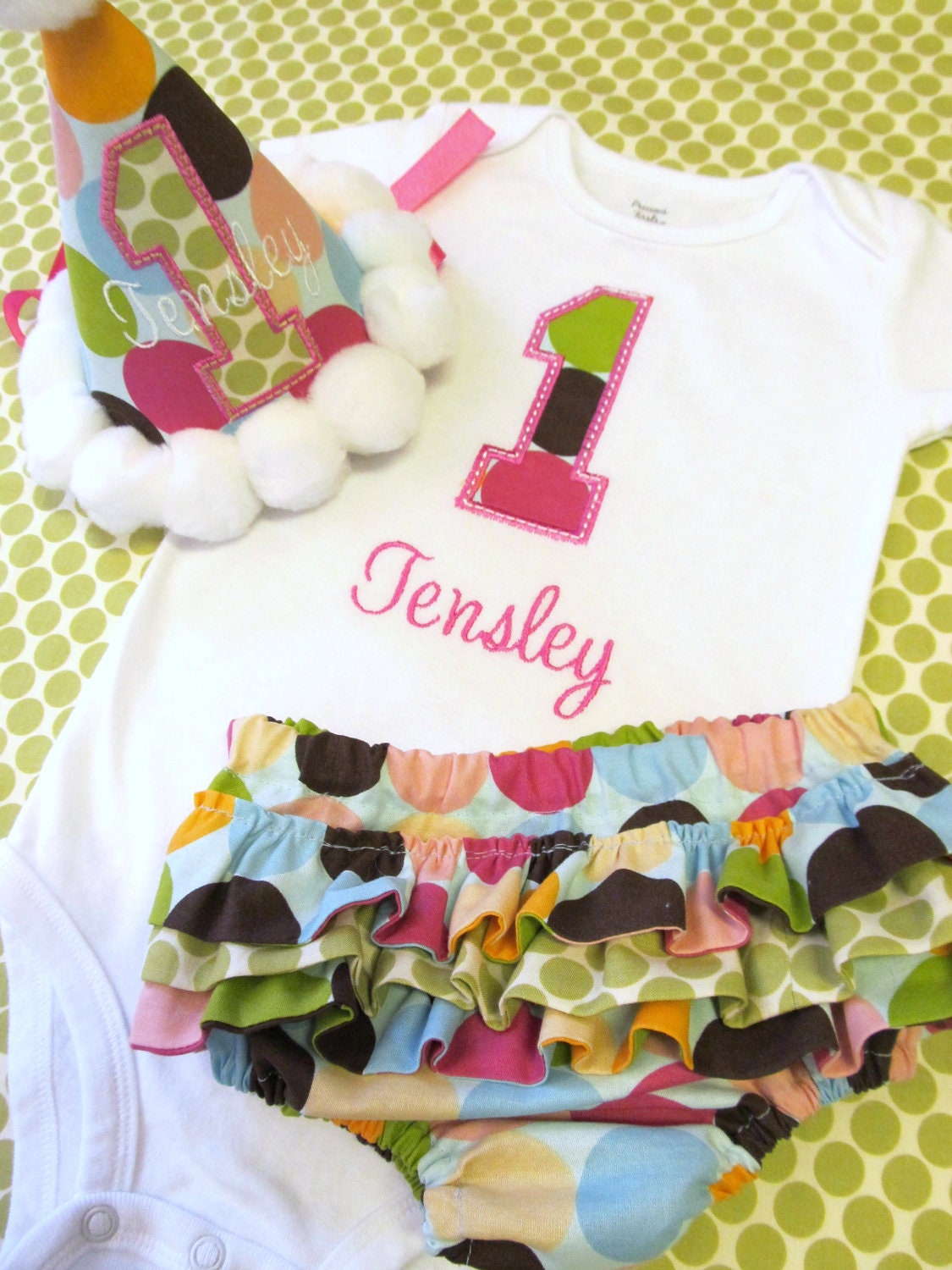 Personalized Onesie and Ruffled Diaper Cover Birthday Set- Polka Dot Birthday Shirt and Hat Set- Diaper Cover Set- Birthday Outfit
