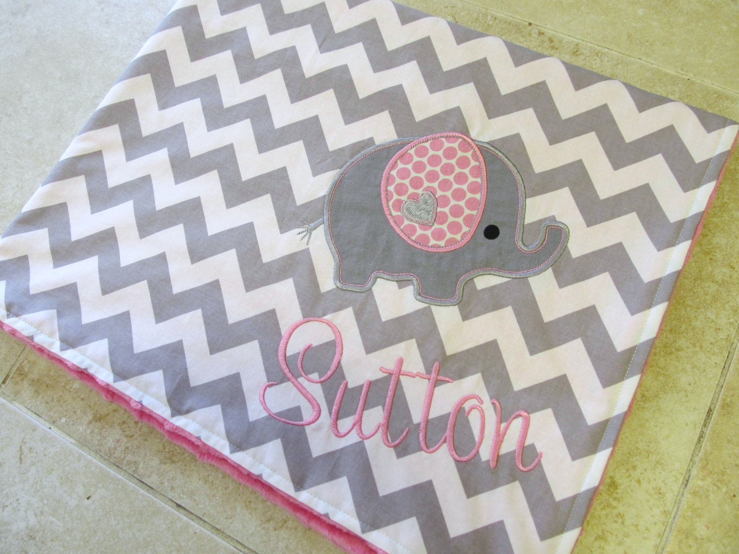 Personalized Baby Blanket- Minky Baby Blanket- Chevron Minky Blanket- Elephant Applique Baby Blanket- Custom Blanket-