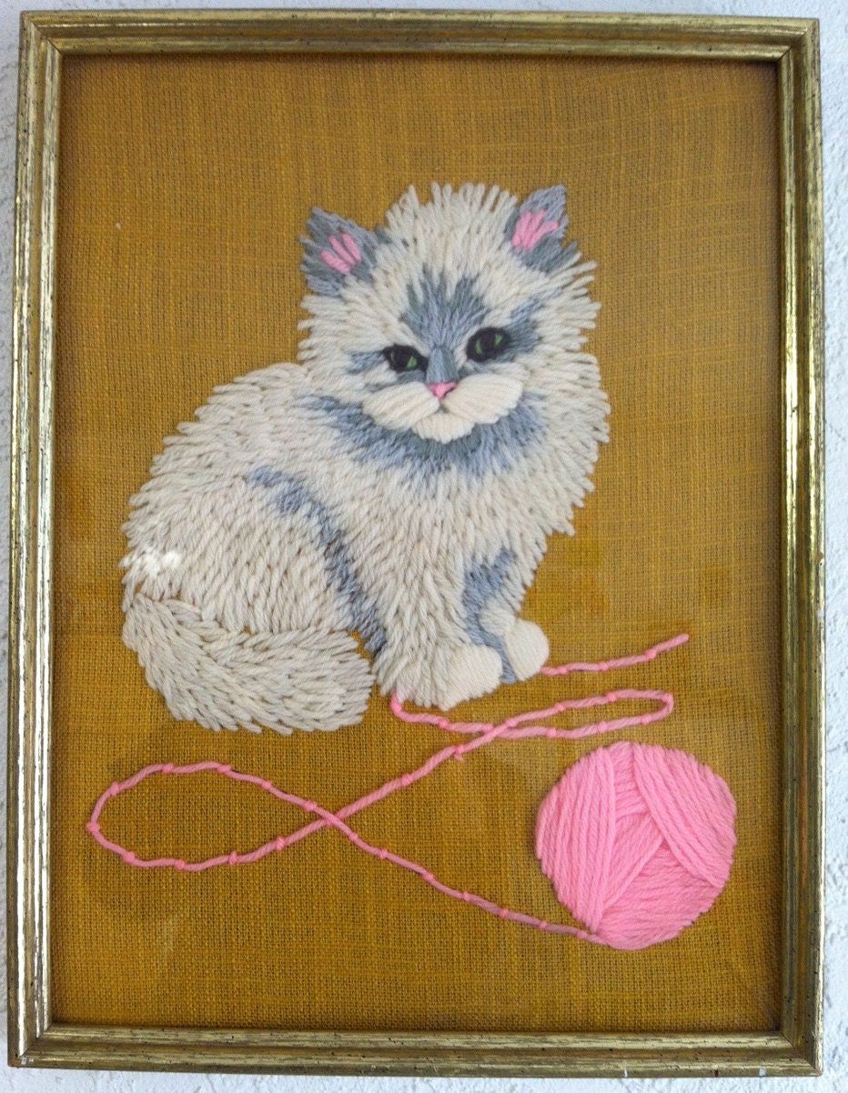 Adorable - Framed Kitten Stitched Wall hanging with Ball of Pink Yarn