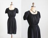 Vintage 1940s Dress : 30s 40s Black Crepe Swing Dress Day Evening