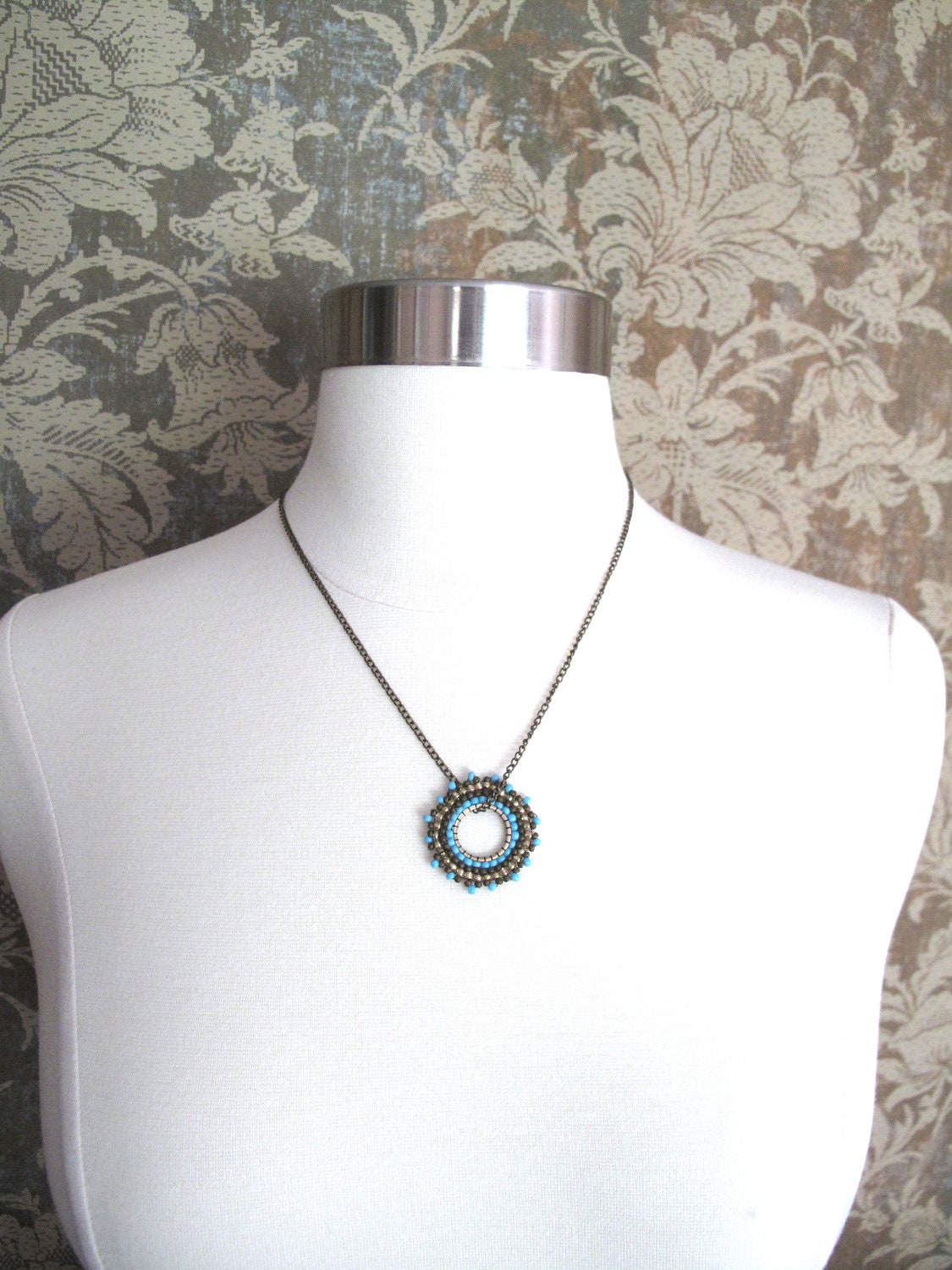 NORTHFIELD Necklace -Hand Beaded Circle Pendant on Antiqued Brass