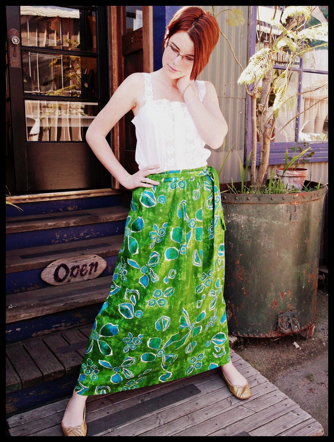 vintage 60s hawaiian skirt maxi green bark cloth floral print