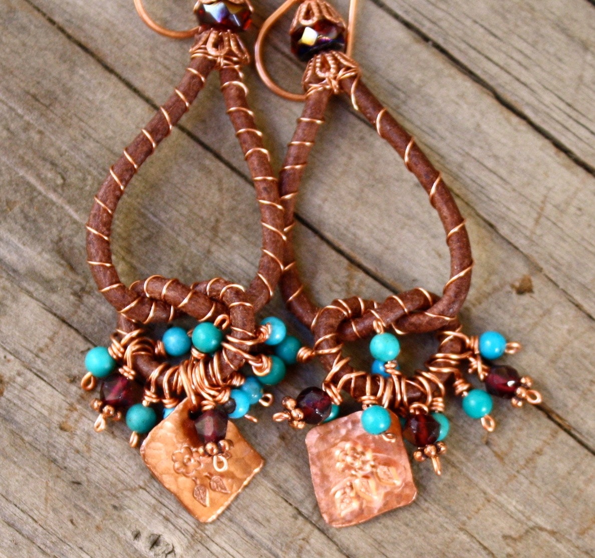 Hoop earrings Dangle earrings  hand stamped jewelry turquoise garnet gemstone