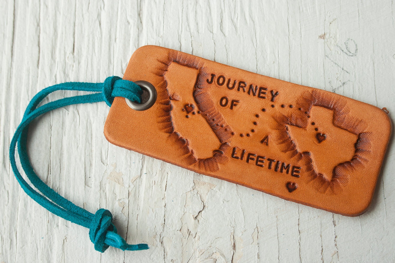 Journey luggage tag or key ring - any state or country shapes - Heart Strings keychain - travel, long distance relationship - Valentines