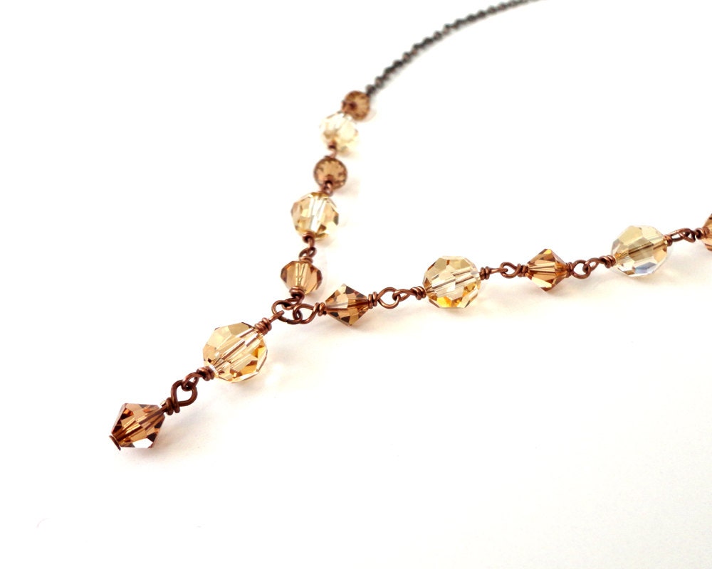Swarovski necklace golden mocha brown crystals copper chain rustic elegant sparkly ooak