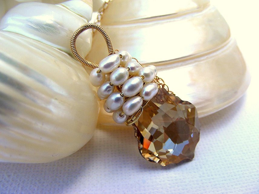 Pendant Necklace - Champagne Swarovski Baroque  - Freshwater Seed Pearls - 24k Gold Vermeil
