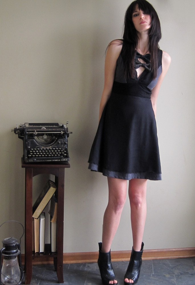Winter Grey Dress - black silk and vintage style lace, bohemian boho clothing dress - small