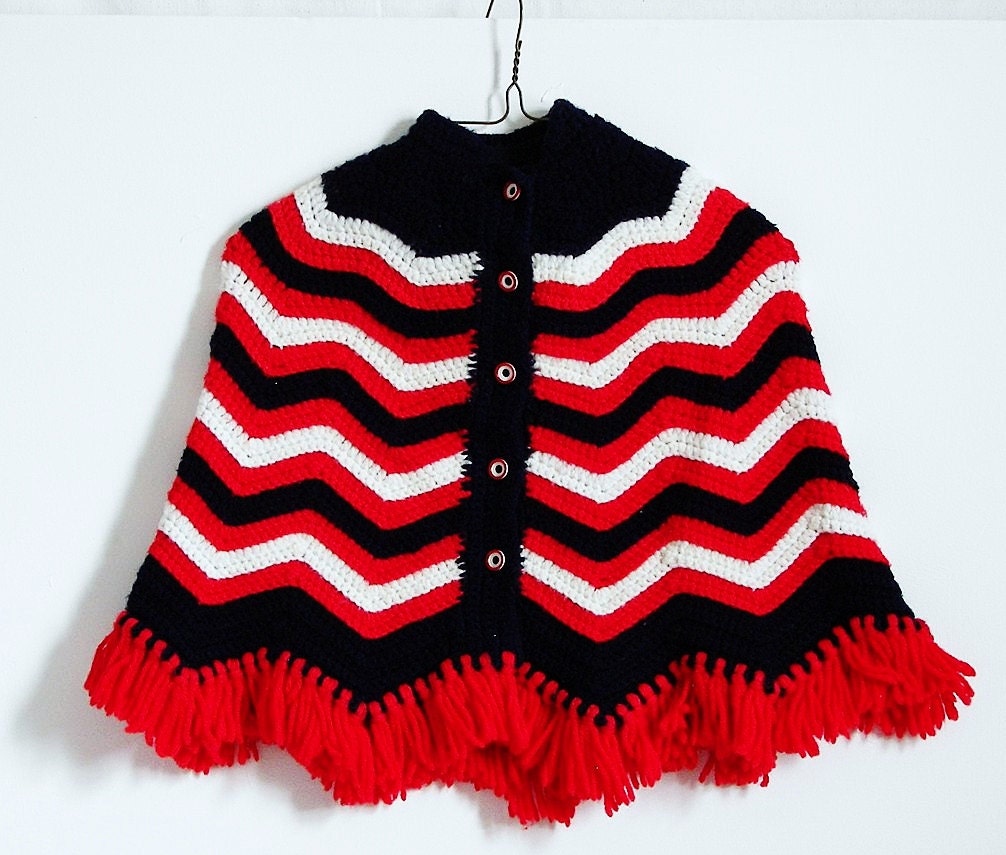 Vintage 1970s Girls Crocheted Cape in Red White and Blue size 5 to 7 - ThreadandBrushStudio