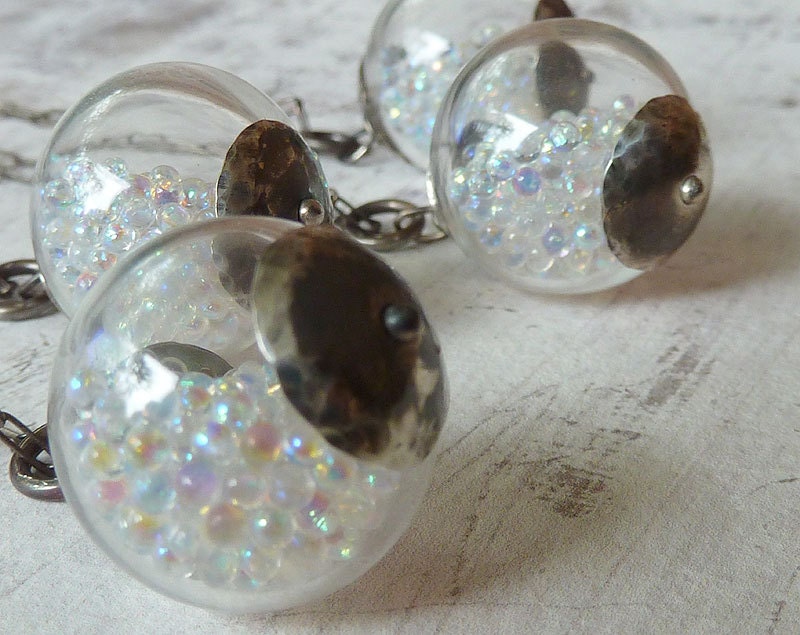 Will o' the Wisp Wonder Globe Necklace with Iridescent Glass Beads. Oxidized Sterling Silver