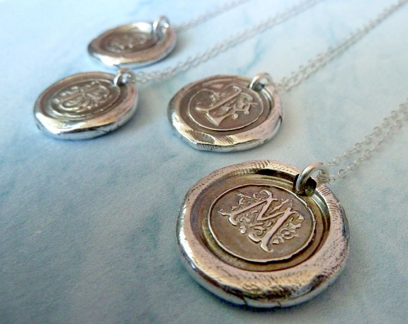 Bridesmaid Gift Set of Four. Personalized Wax Seal Initial Monogram Letter Necklaces. Wedding Jewelry