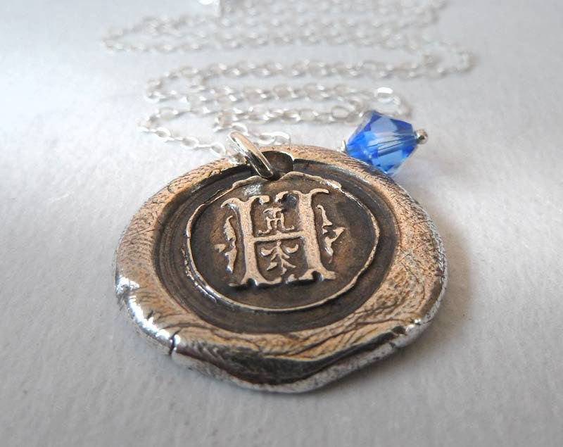 Monogram Letter Wax Seal Necklace with Swarovski Crystal Birthstone Charm. Fine Silver Any Letter. Wax Seal Stamped Jewelry