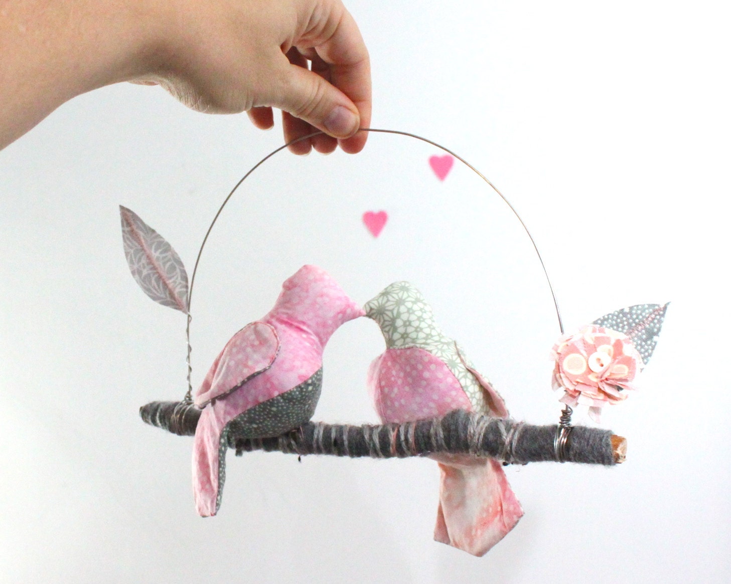 Modern Love Bird Mobile - "2 little lovebirds sitting in a tree K-I-S-S-I-N-G"  in white, blush pink and gray