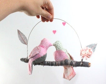 Modern Love Bird Mobile - "2 little lovebirds sitting in a tree K-I-S-S-I-N-G"  in white, blush pink and gray