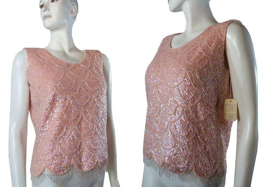 Vintage 1960s Iridescent Pink & White Beaded Sequined Wool Shell Sweater Never Worn Tags Still Attached Medium