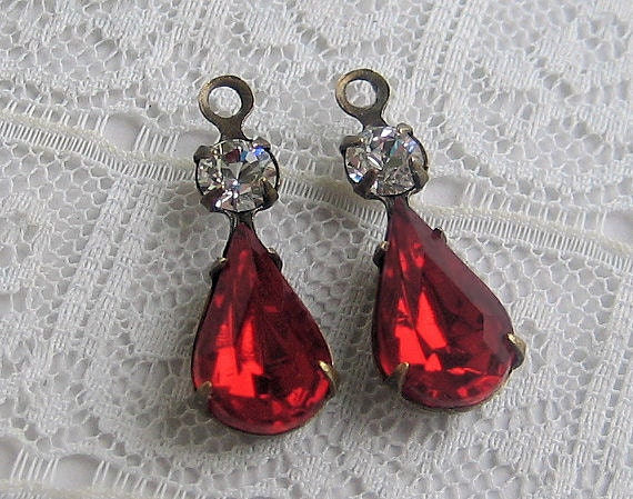 13x8 Czech Siam Ruby Red Pear and Clear Rhinestone in Patina Brass Setting Qty 1 Pair