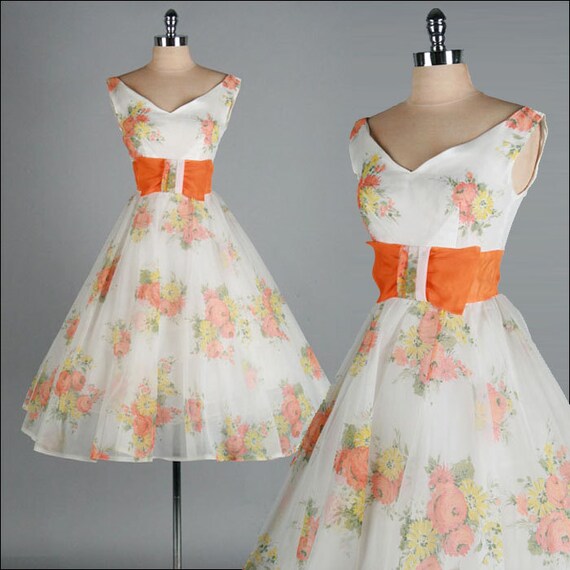 Vintage 1950s Dress . Ivory Chiffon . Orange . Floral . Full Skirt . Sleeveless . Bow . Jacket . XS/S . 1465