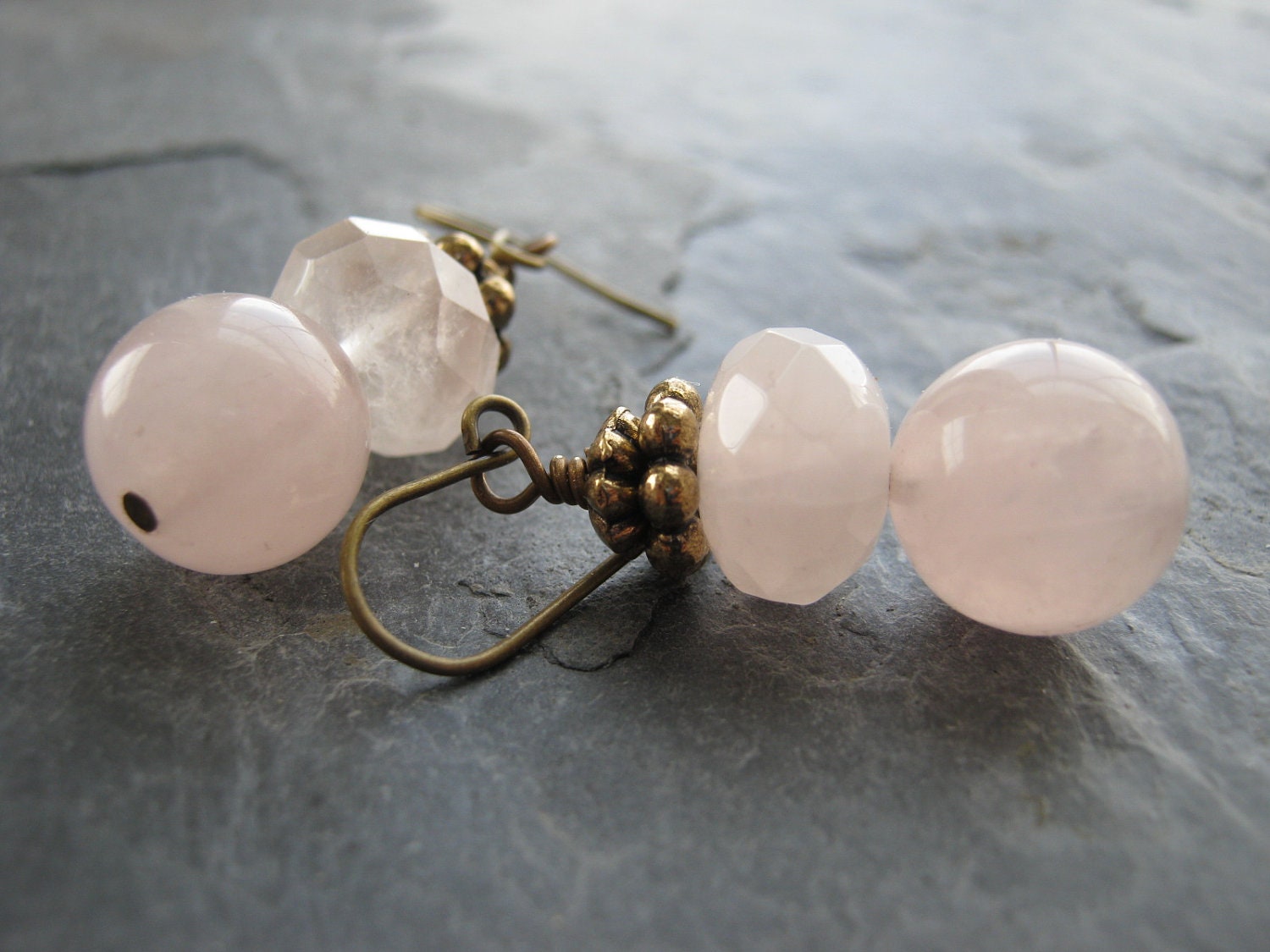 Rose Quartz and Brass Earrings