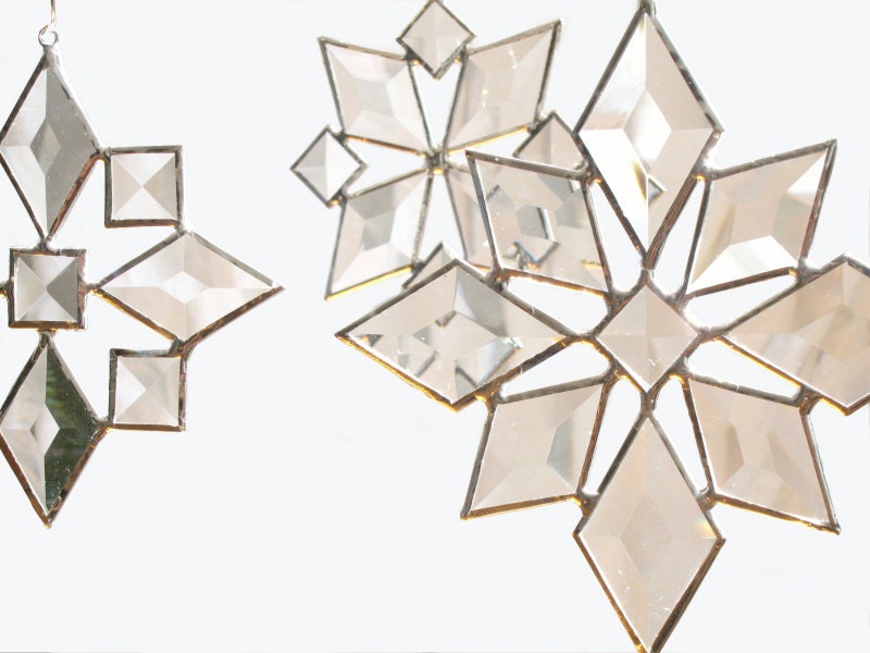 SET of 3 Stained Glass Star Suncatcher Beveled Sun Catcher Snowflake Christmas Handmade OOAK