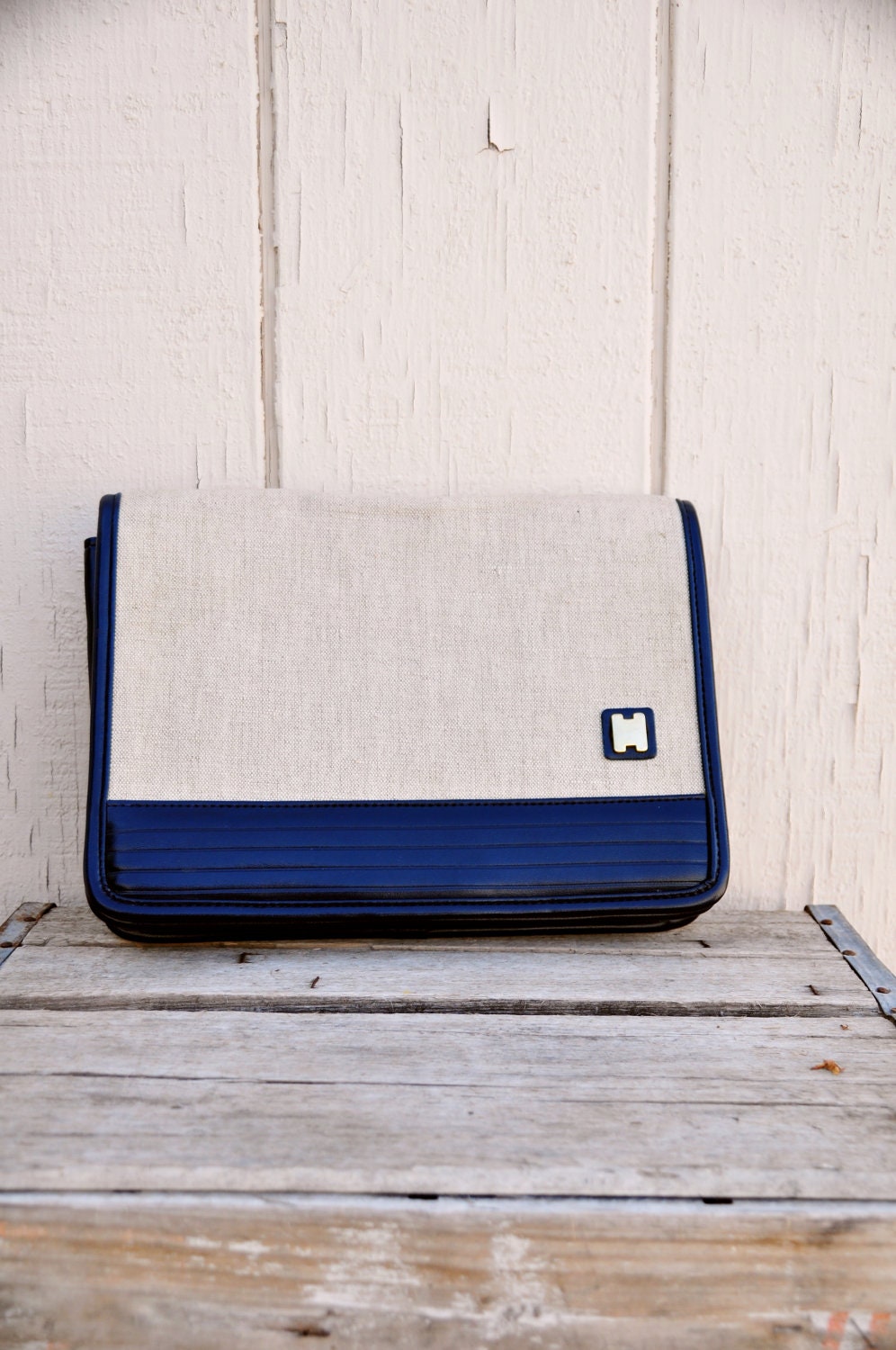 Vintage Retro Beige and Blue Oversized Clutch with Long Handle