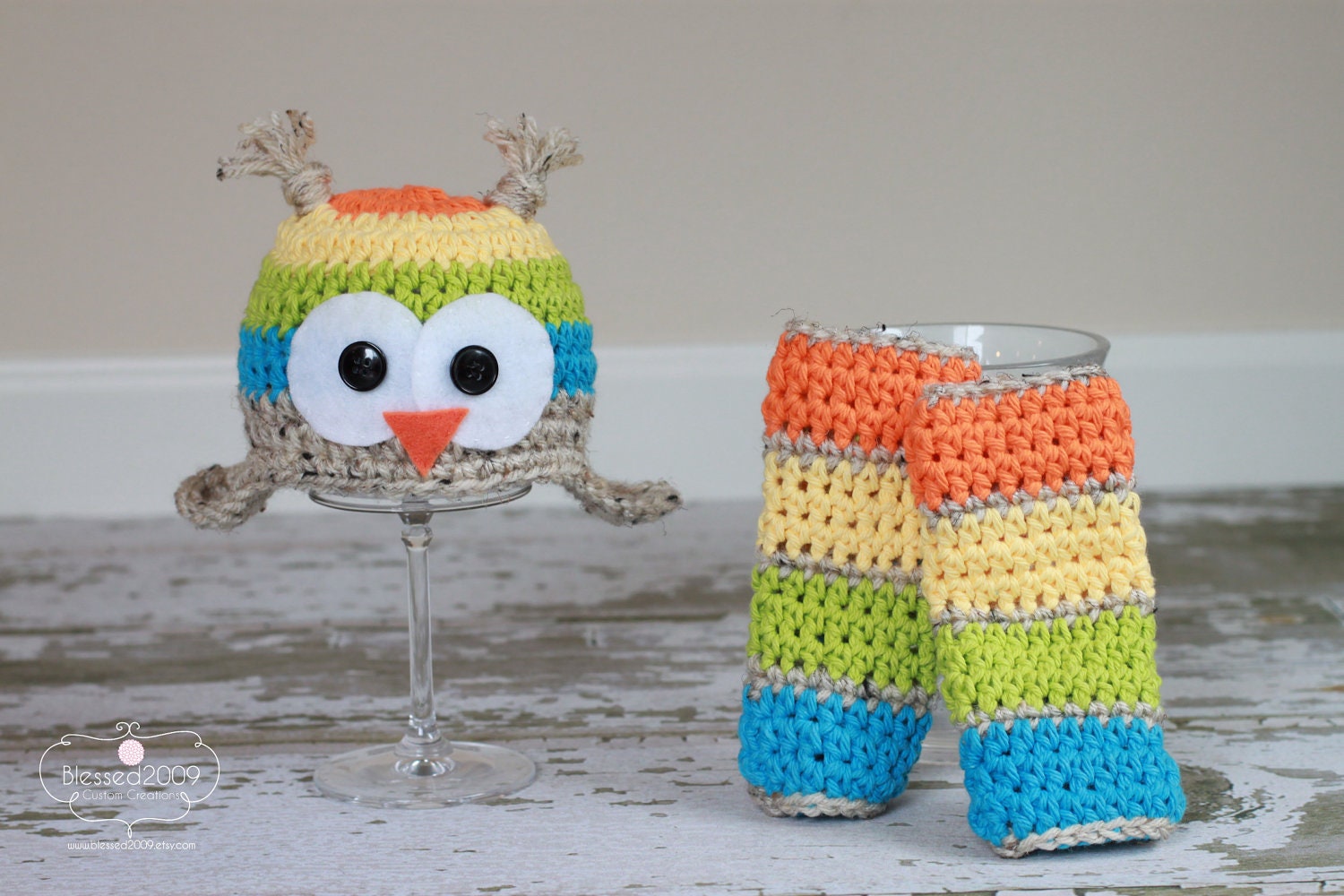 Rainbow Owl Hat - Ear Flap Beanie Hat - Animal Hat - Orange, Yellow, Green, Blue -  Photo Prop - Made to Order