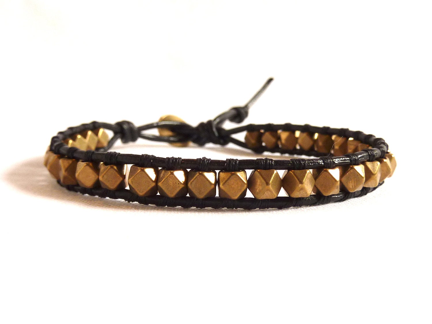 Black Leather Bracelet for Men with Brass Nuggets