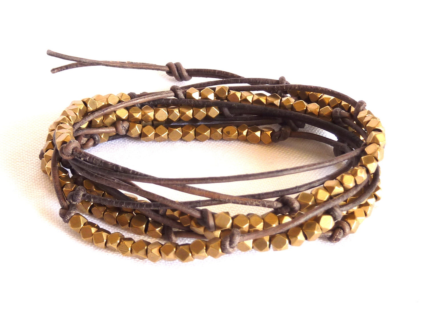 Natural Gray Leather Knot Bracelet with Brass Nuggets