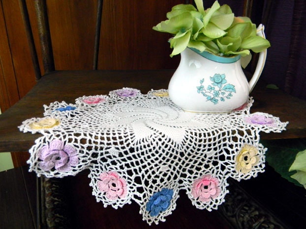 Vintage Doily - Spiral Center - Crocheted Multi Colored Florals 8218