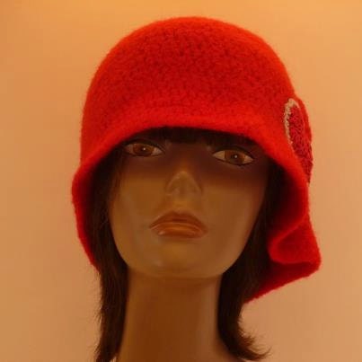 Womens Felted Cloche Hat Collection-OOAK Flapper Style  Red Crochet Felted Wool Cloche