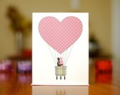 Pink Heart Hot Air Balloon I Love You Card with Kissing Couple on 100% Recycled Paper